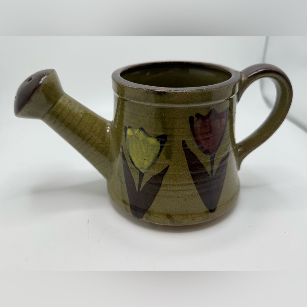 Ceramic Watering Can- Hand Painted: Green w/Purple/Yellow Flowers-NWOT